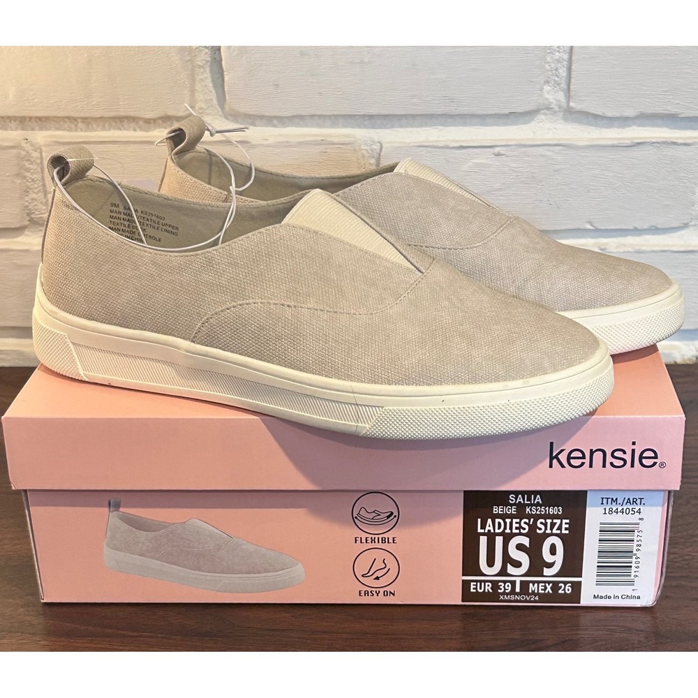 NWT Kensie Salia Beige Textile Slip On Sneakers Women Size 9 Low Top Shoe Casual